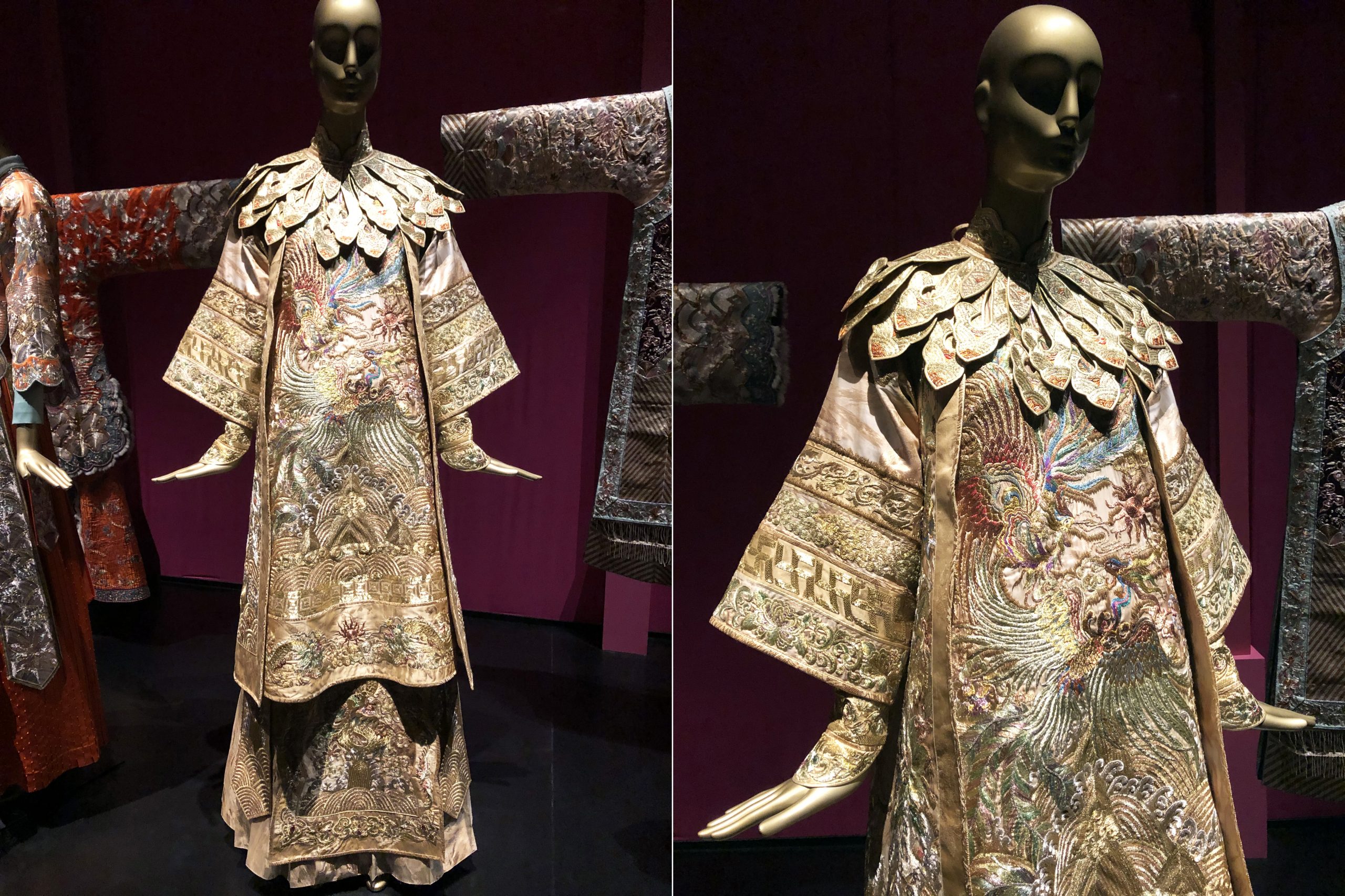 Figures 3 and 4: ‘Guo Pei: Chinese Art and Couture’: examples of the linkages between traditional Chinese dress, Peranakan wedding costume, and contemporary Chinese couture design. Photos by Clair Hurford

