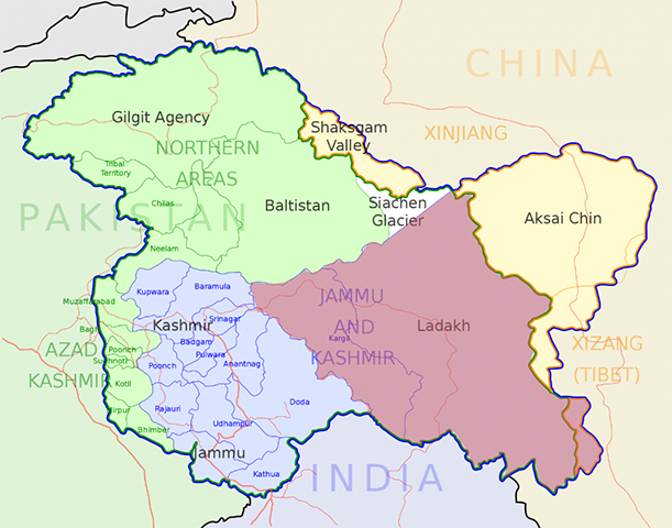A map of the erstwhile state of Jammu and Kashmir.