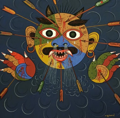 Figure 1: ‘The slaying of the Corona demon’ (Coronasurer bodh), a painting by Shambhu Acharya. Sent by Saymon Zakaria to the author on 21th August 2020

