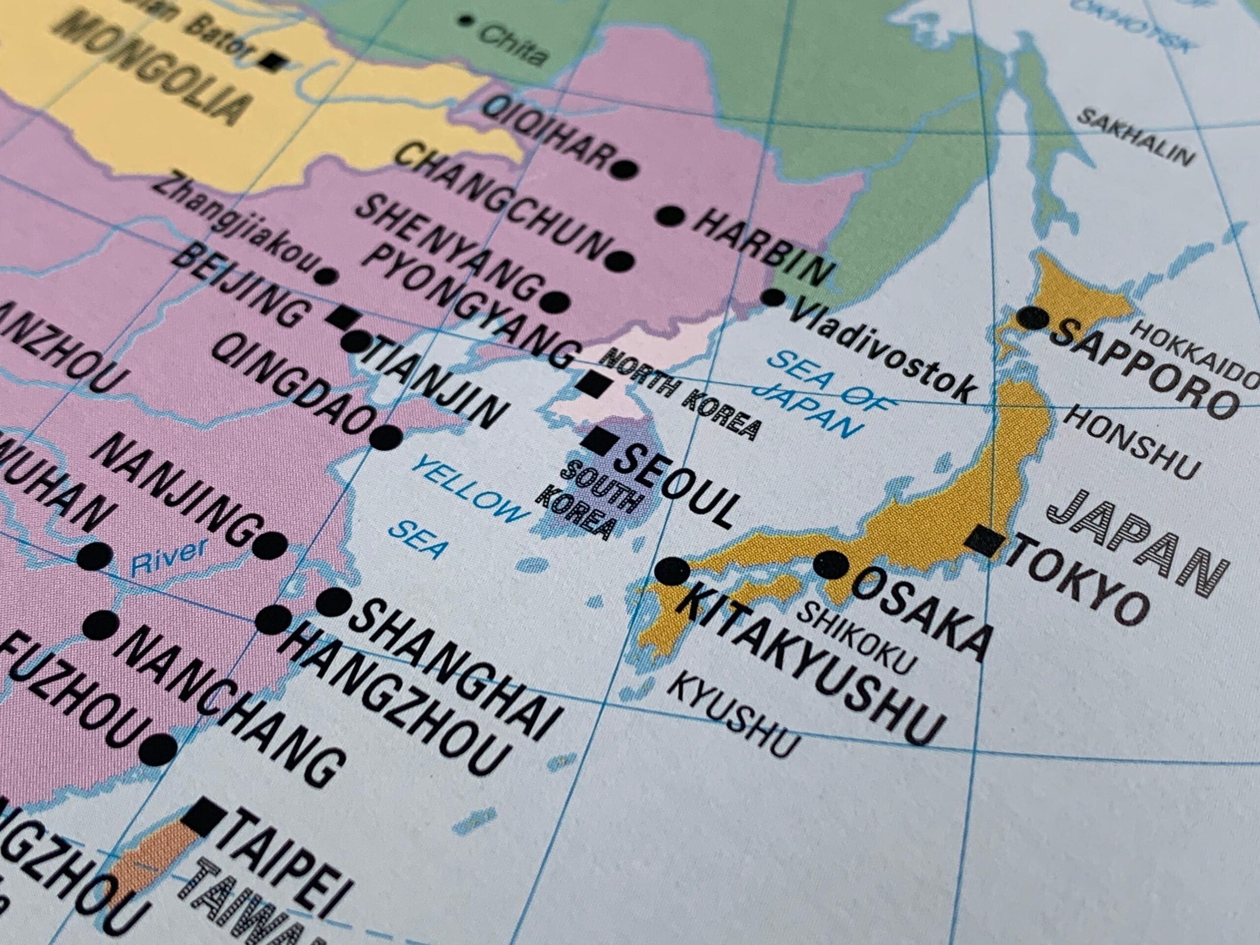 Japan,,Korea,,China,,A,Map,Photo,From,A,World,Atlas